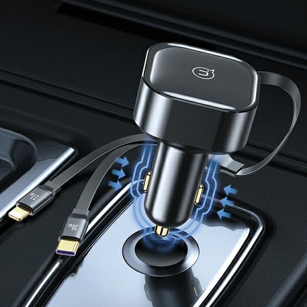 USAMS Car Charger with Retractable Cable 1xUSB-C + 1x Lightning C41 PD 30W Fast Charge Black/black CC219CC01 (US-CC219)
