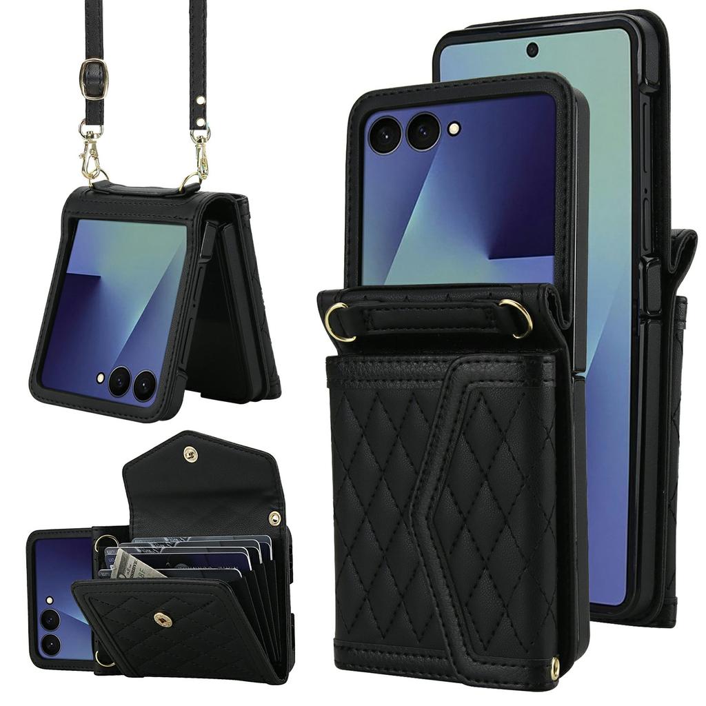 For Samsung Galaxy Z Flip7 5G Case Card Holders RFID Blocking PU Leather Phone Back Cover with Shoulder Strap