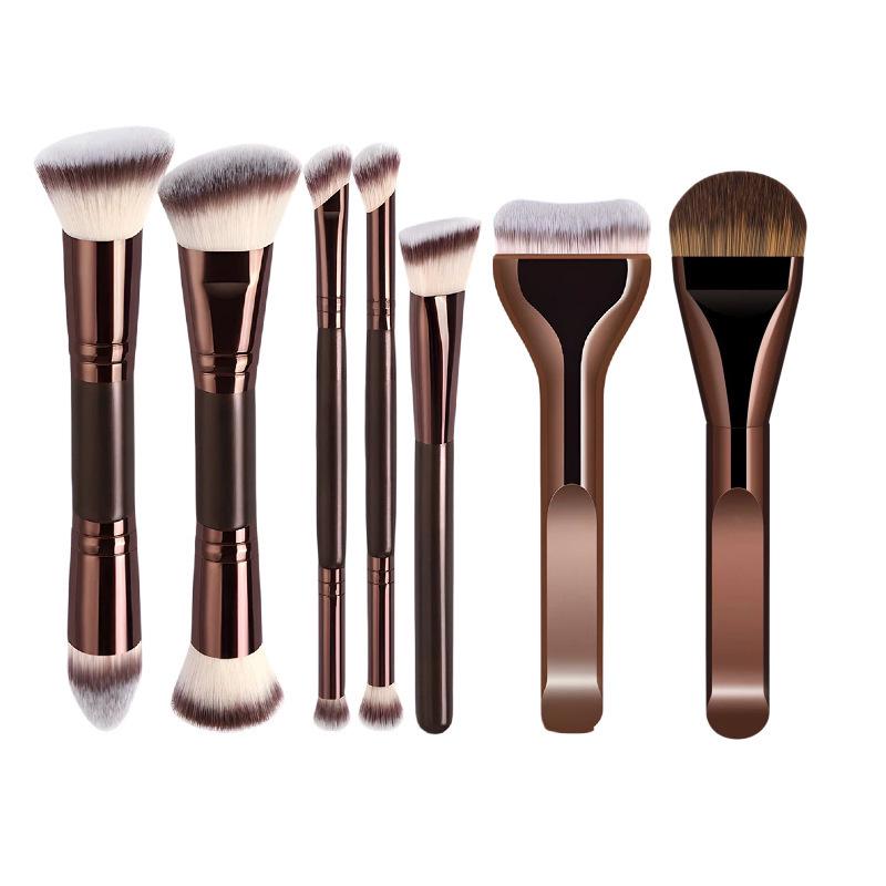 Dual-Head Makeup Brush Set: Foundation, Blush, Loose Powder Brushes In Coffee Color.