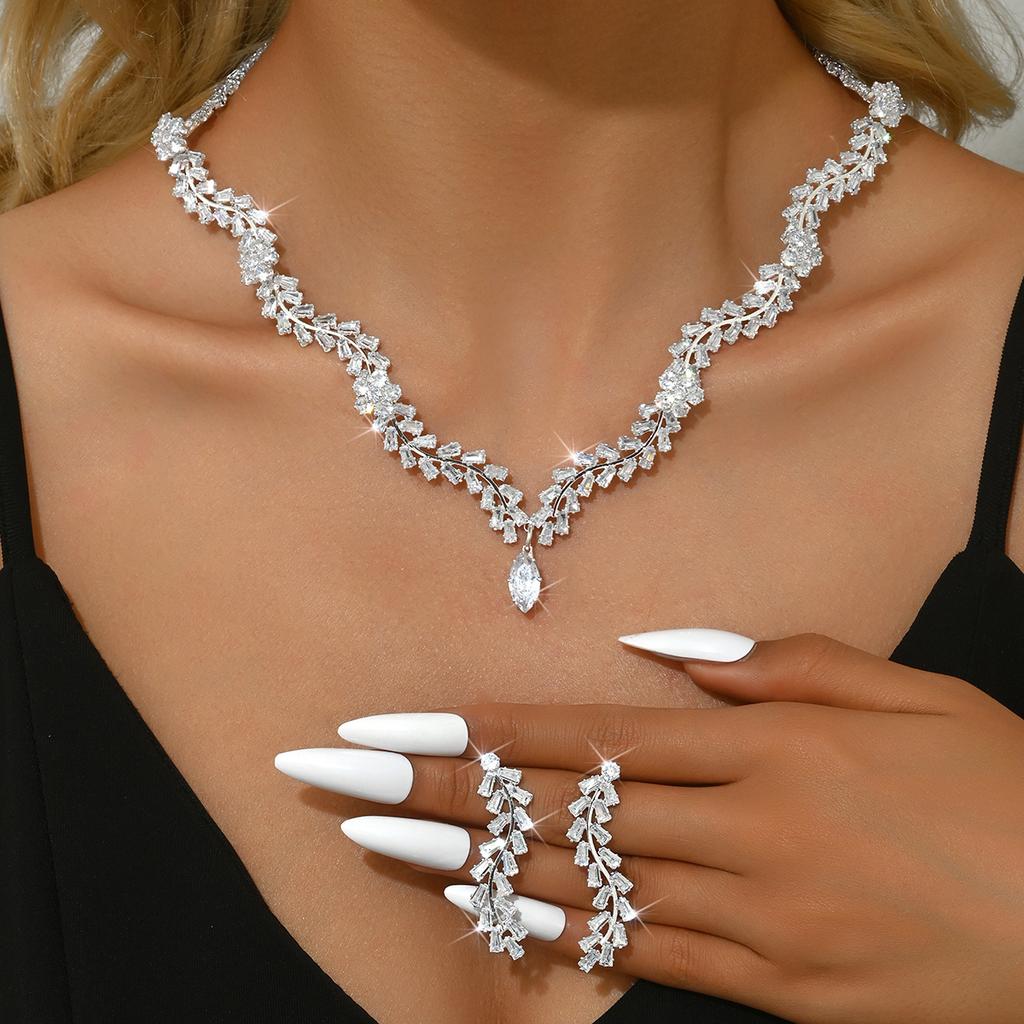 3PC Women's Fashion Zircon Geometric Curve Necklace Earrings Zircon Set Simple Wedding Party Festival Gift-8568