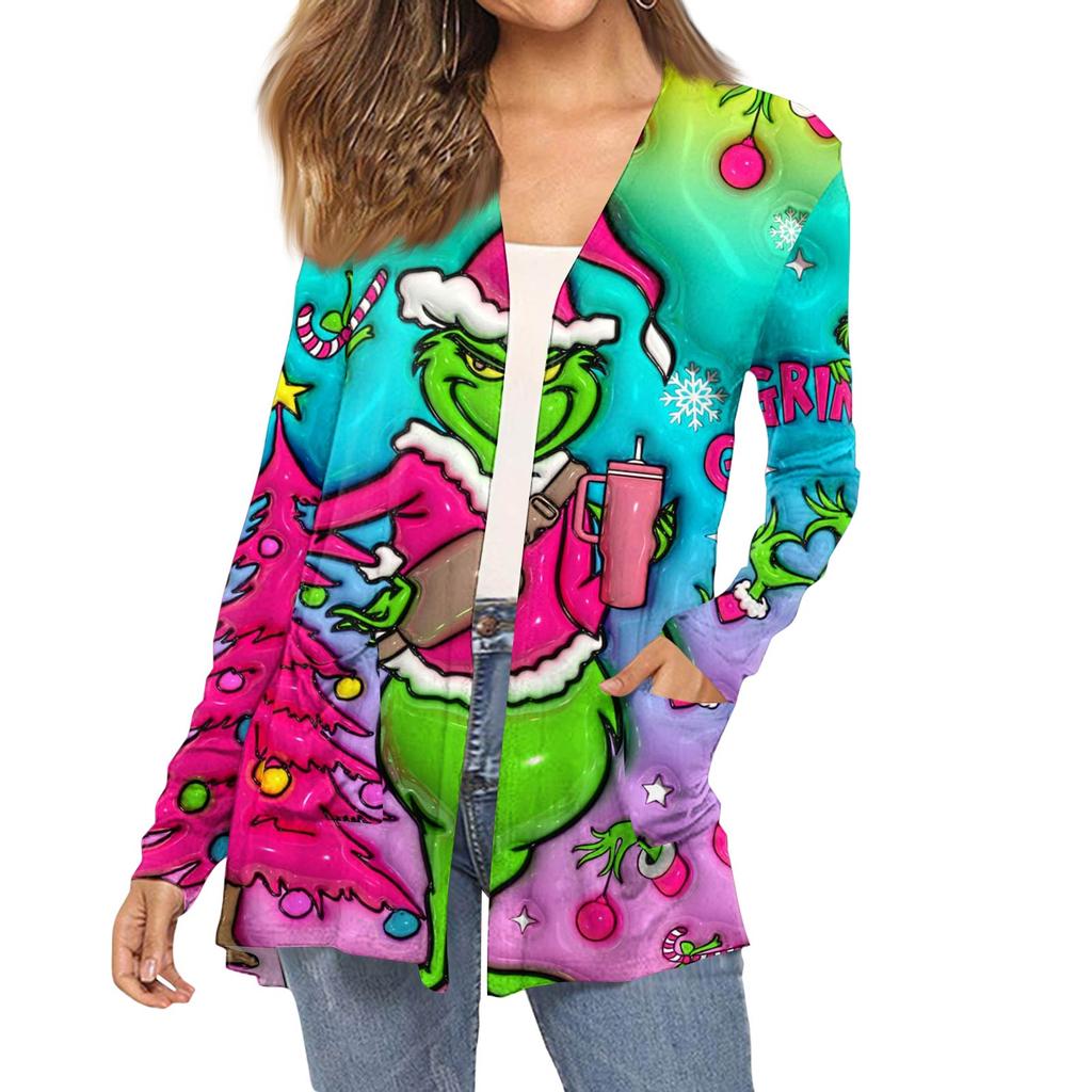 Dámský módní vánoční potisk dlouhý rukáv kapsy slim fit kardigan kabát