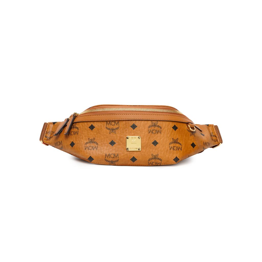 MCM Cognac Visetos Monogram Leather Belt Bag with Adjustable Strap & Gold Hardware for Daily & Street Style Use