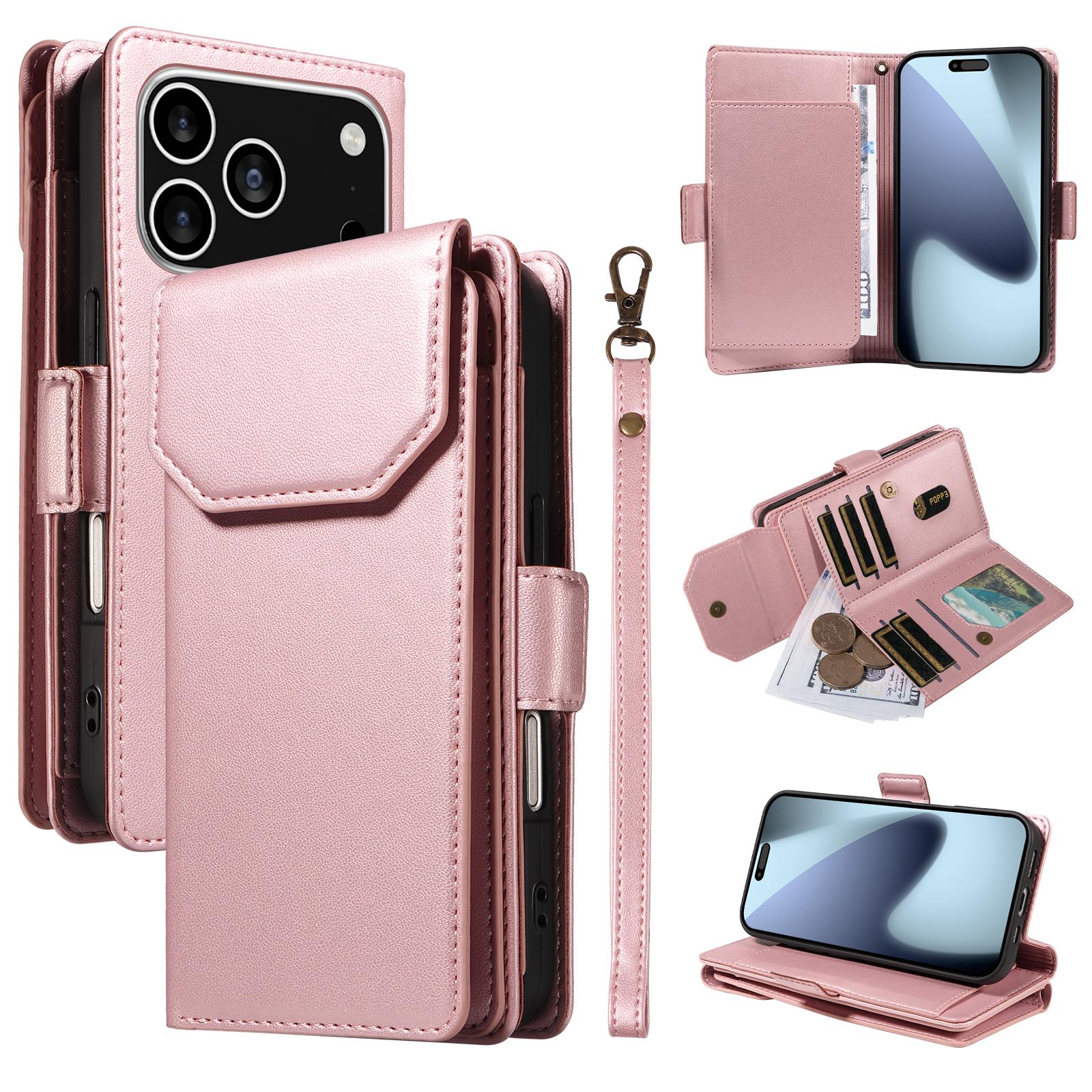 

For iPhone 17 Pro Case with Multi-Card Holder and Strap PU Leather Phone Cover Stand Rose Gold