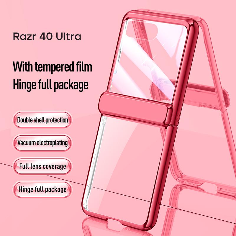 For MOTO Razr 40 Ultra Plated Hinged Automatic Spring 360° Full Protection Anti-Drop with Tempered Film Front Film Phone Case