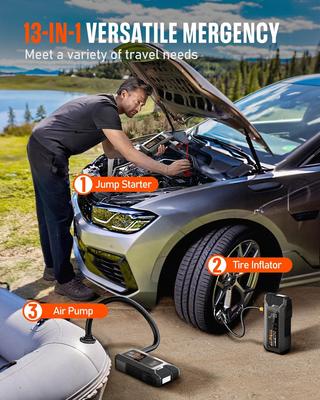 6000A 13-in-1 Portable Jump Starter with Air Compressor, 12V Power Pack for Gas/Diesel Cars, 150PSI Tire Inflator