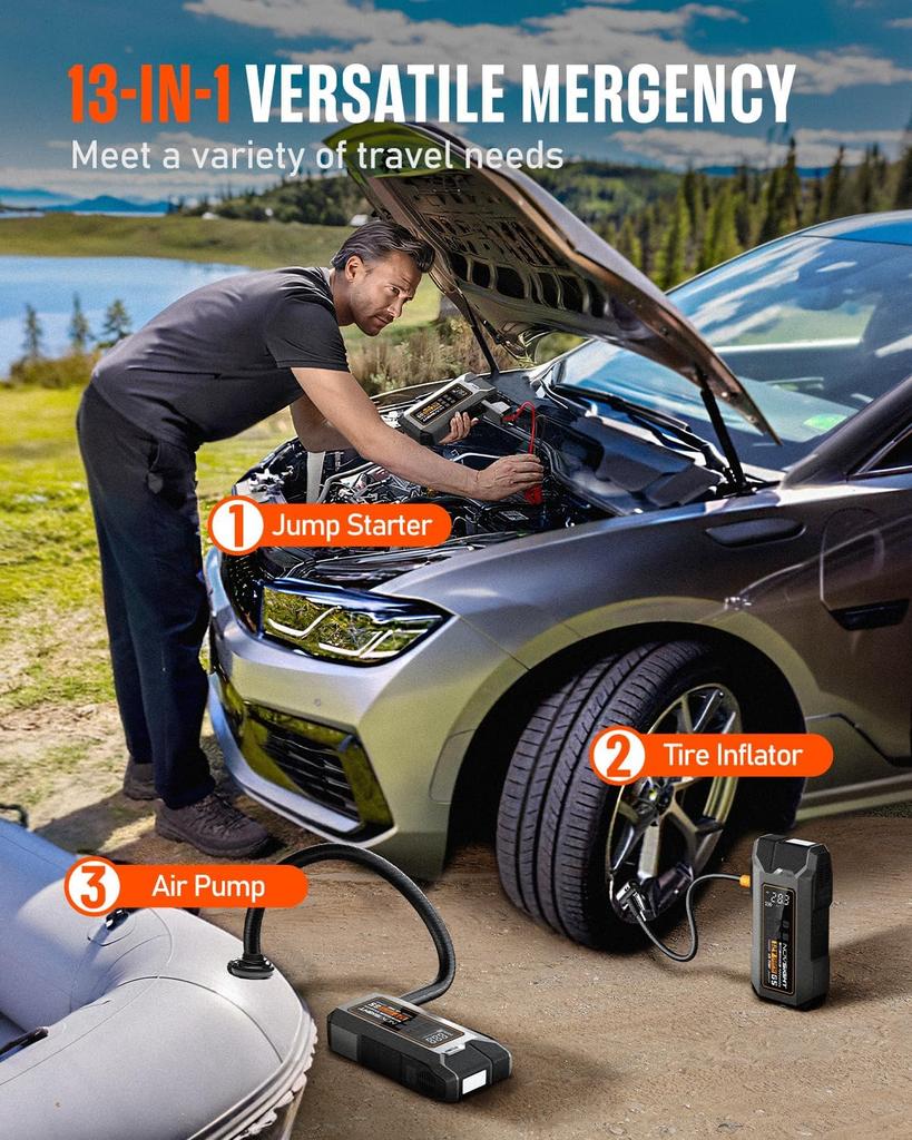 6000A 13-in-1 Portable Jump Starter with Air Compressor, 12V Power Pack for Gas/Diesel Cars, 150PSI Tire Inflator