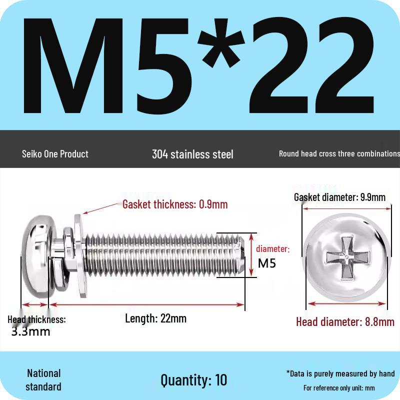 304 Stainless Steel Phillips Round Head Screw with Flat Washer M3/M4/M5/M6