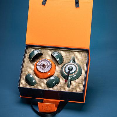 Ge Kiln Dense Kiln Kung Fu Tea Set, One Pot and Four Cups Gift Box, Business Souvenir for Customers