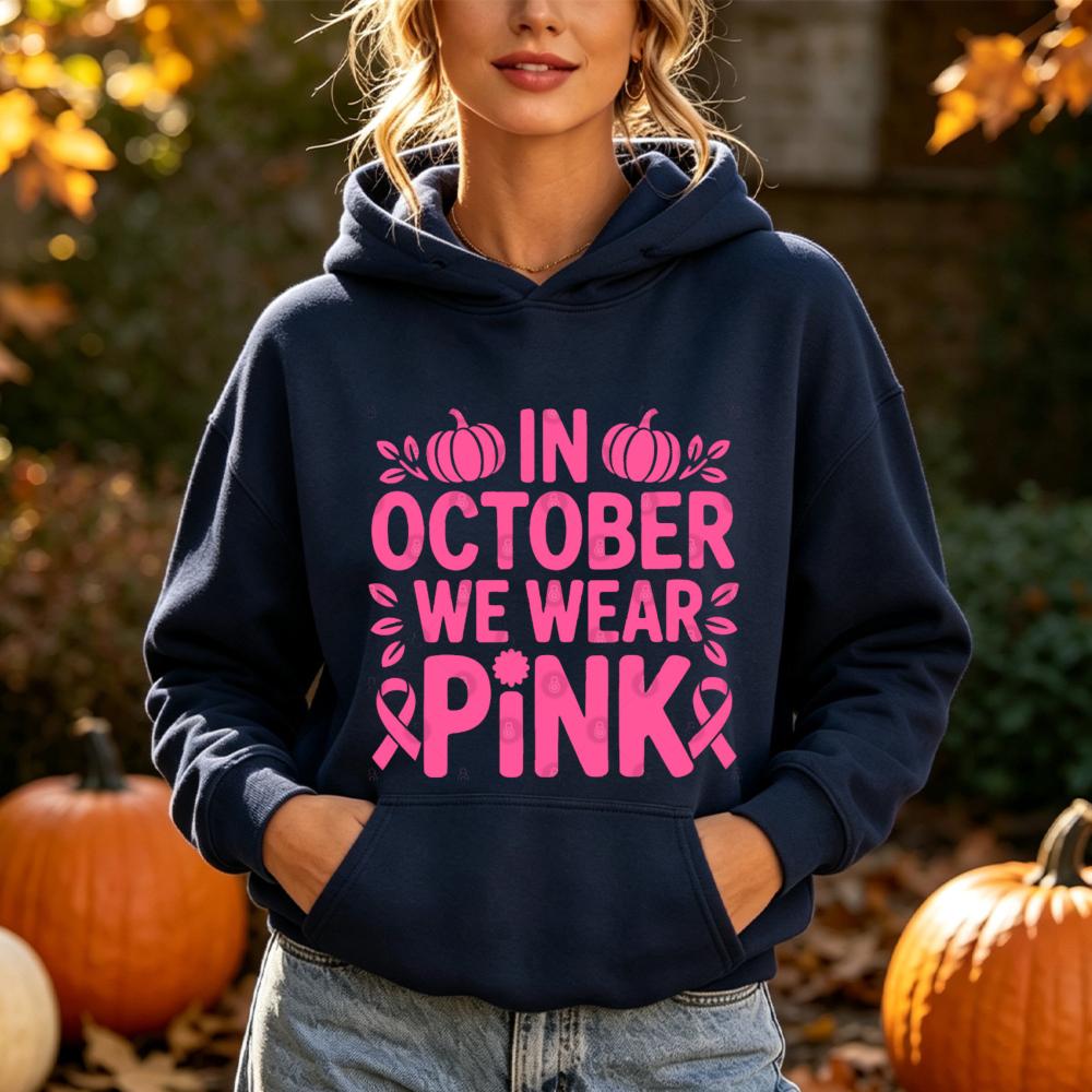 In October, we wore pink hooded sweaters with breast cancer awareness patterns for women, autumn pullover shirts, and street-style hooded jackets.