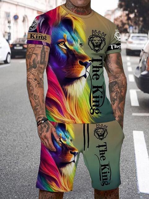 

Новый мужской летний повседневный комплект из короткого рукава и шорт, классная футболка с принтом «Король Лев» и шорты на шнурке, мужской комплект S