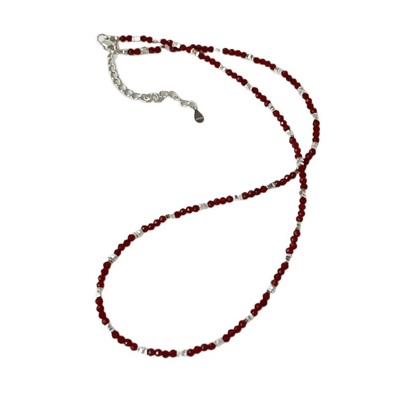 Elegant S925 Sterling Silver Red Agate Bead Necklace for Women - Light Luxury and High-End Feel with Silver Flake Clavicle Chain