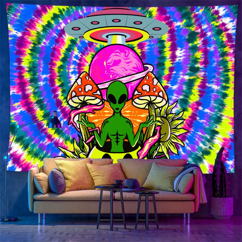 Psychedelisch Buitenaards UV Wandkleed Paddenstoel UFO DJ Print Blacklight Wandhanger Trippy Kamer Huisdecoratie