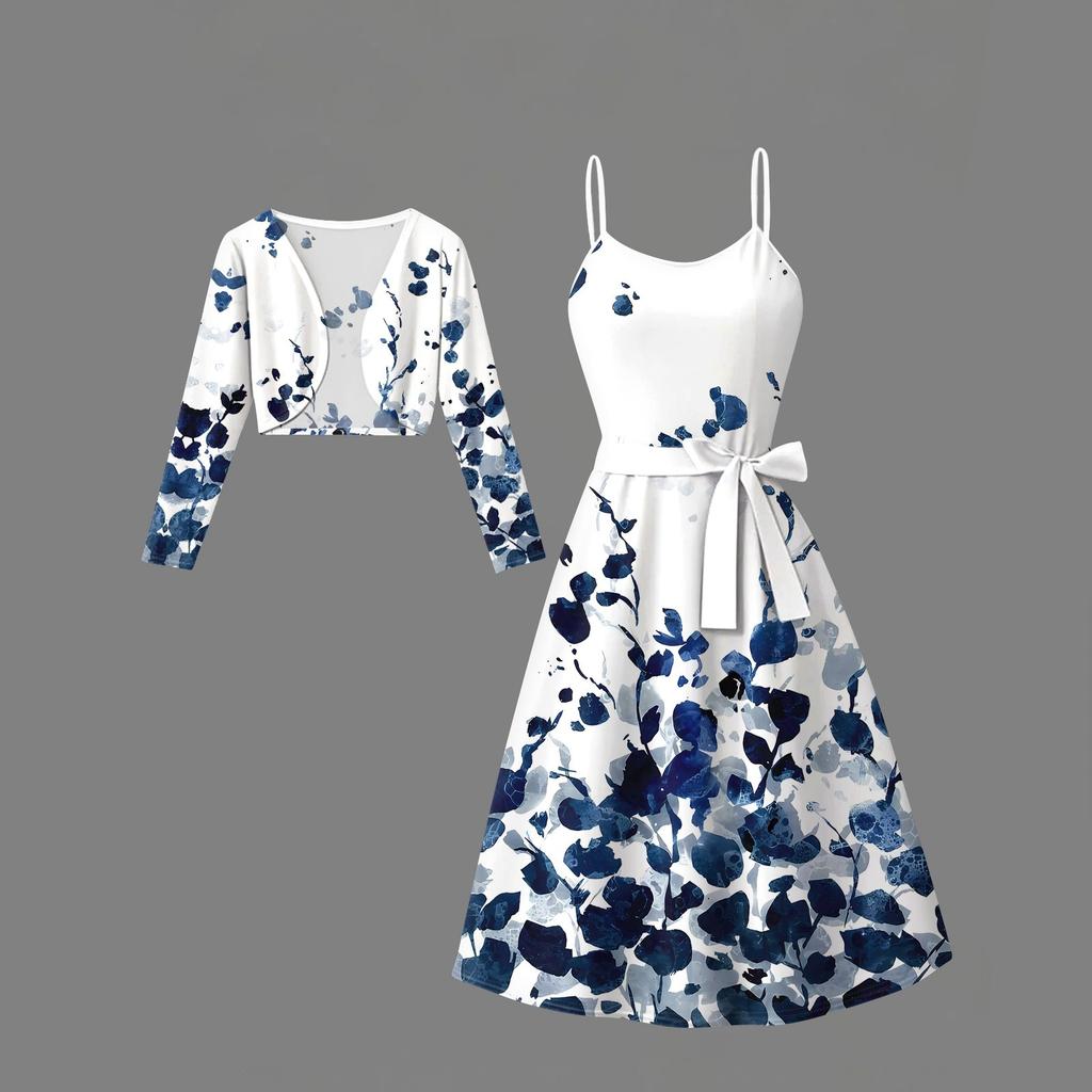 Women's  Fashionable And Casual Long-sleeved Short Cardigan Top + Belt + Strappy Dress Set