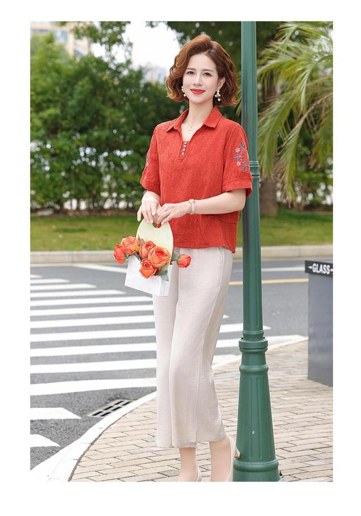 Women's Casual Summer Lapel T-Shirt - Short-Sleeved, Thin, Loose Fit for Middle-Aged and Elderly