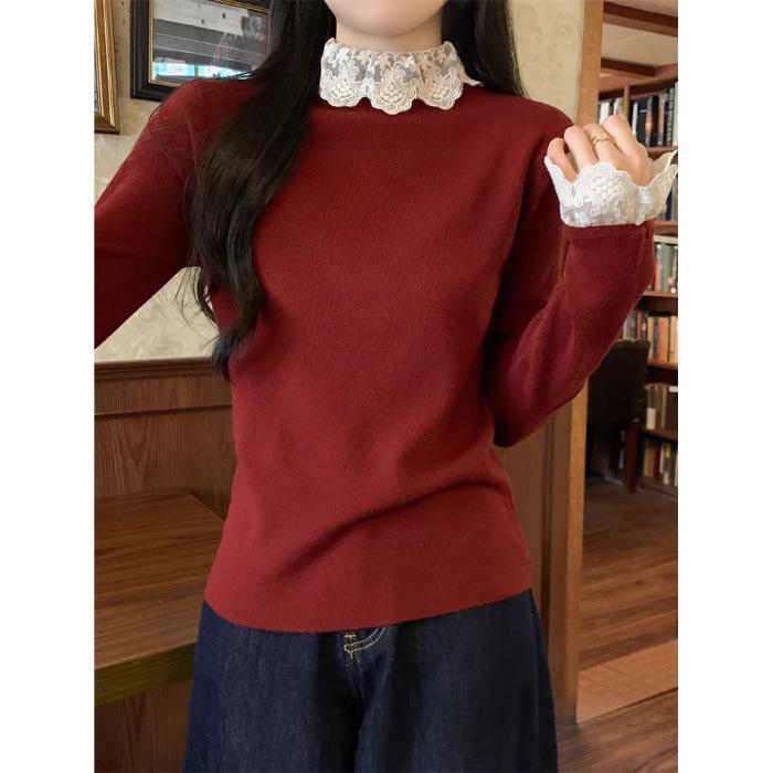 Korean Style Lace Patchwork High Neck Slim Fit Base Layer Top for Spring/Autumn 2026