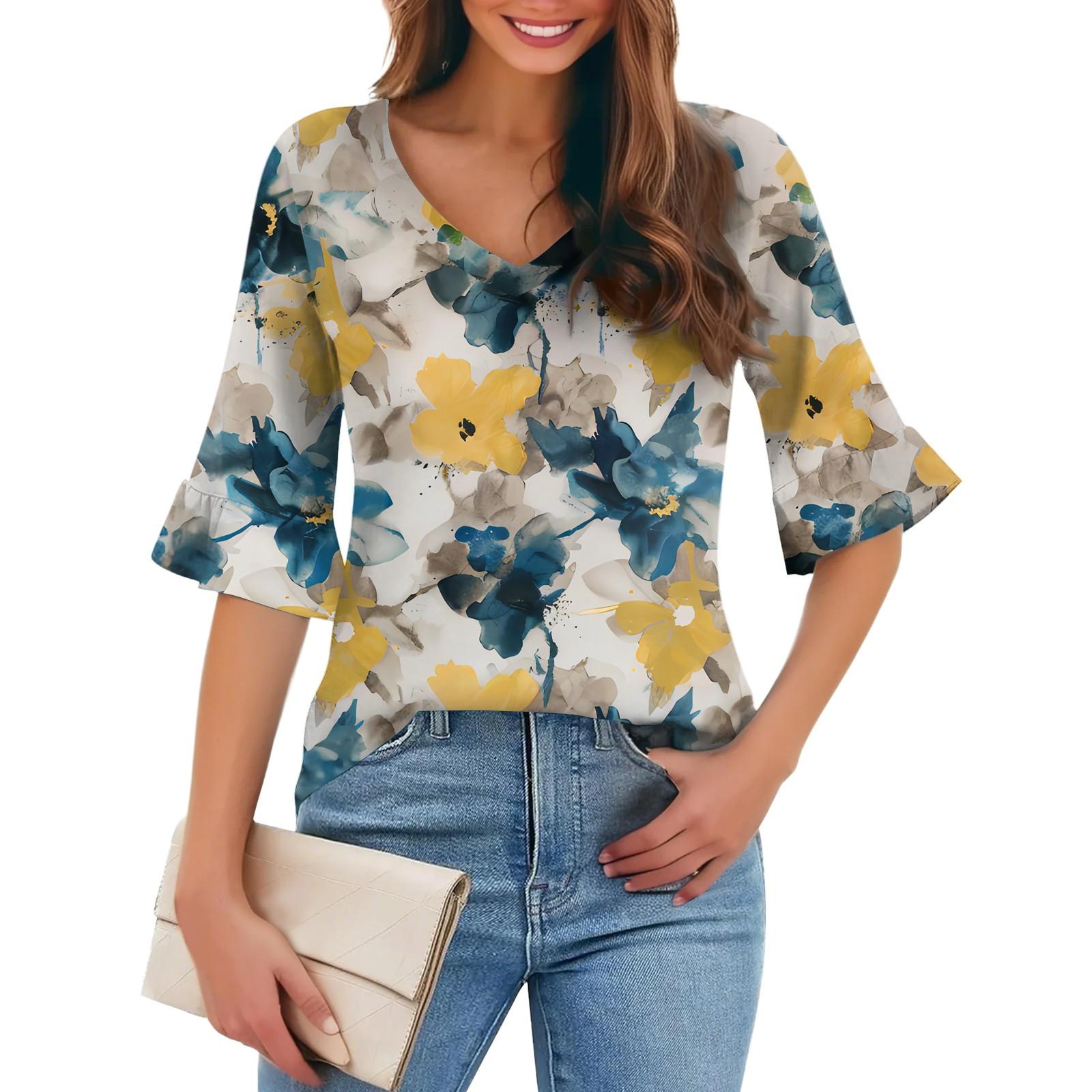 

Женская повседневная модная футболка с V-образным вырезом, свободная, для поездок на работу, с цветочным принтом и рукавами-пятью точками XXXL