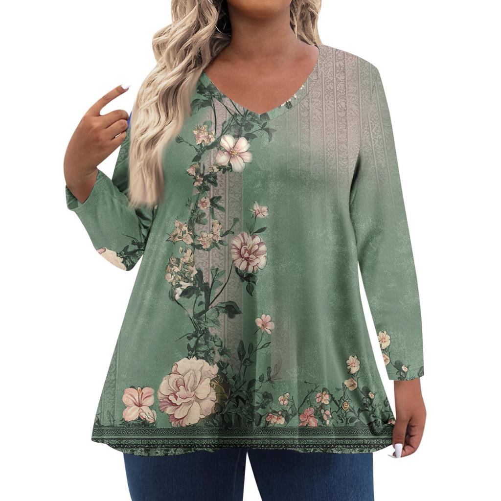 Modisches lässiges Langarm-Oberteil für Damen in Übergröße mit Blumenprint Übergröße Blumenprint-Oberteil