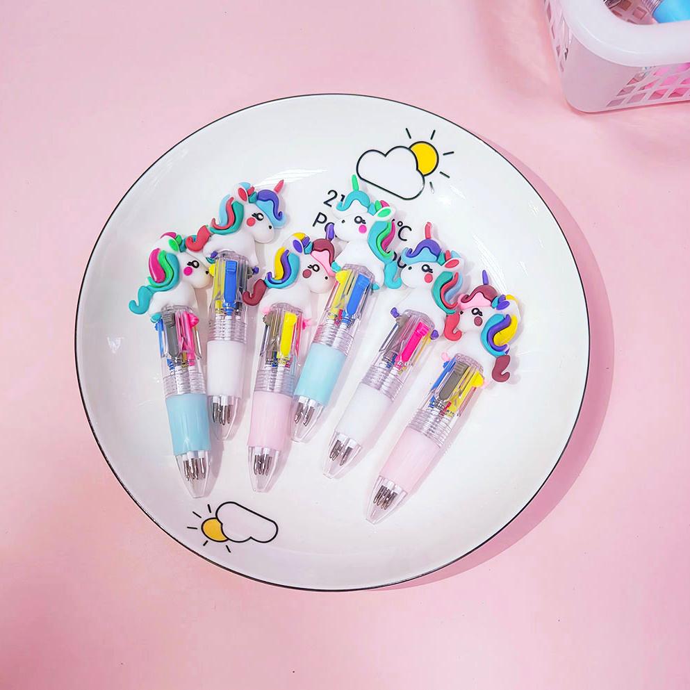 5Pcs/Lot Kawaii Cartoon Unicorn Four Color Ballpoint Pens Cute Ball Point Pens Kids School Stationery Writing Supplies Gift