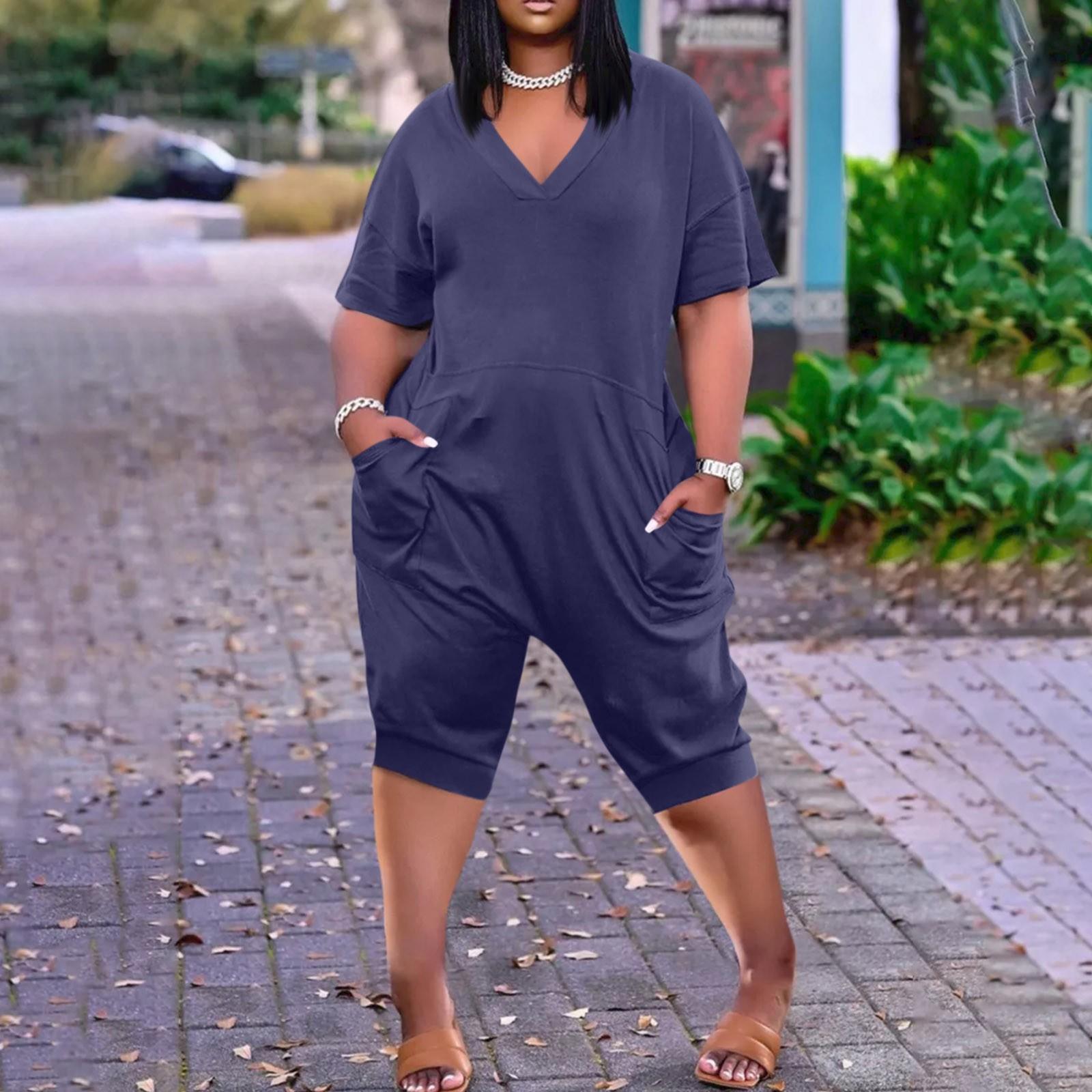 

Женский повседневный однотонный комбинезон больших размеров с короткими рукавами и V-образным вырезом, пять точек, с карманами XXL тёмно-синий