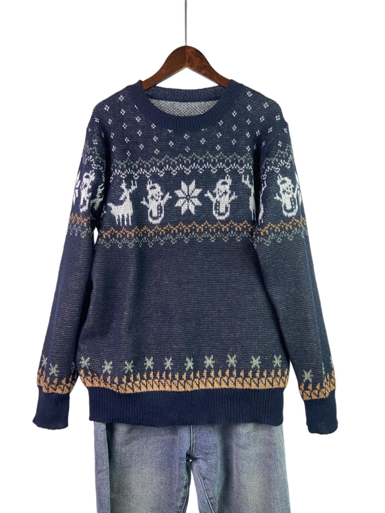 Christmas couple sweater retro Fair Island jacquard crew neck knitted sweater autumn and winter loose top explosion S
