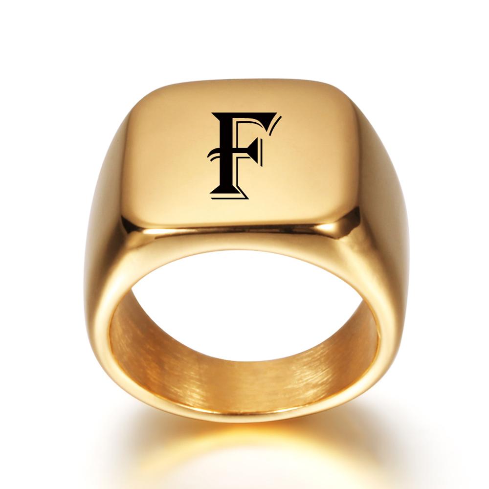 Personalised Initial Engrave A To Z Alphabet Stainless Steel Signet Blank Plain Ring Band High Polished Gold Color Tone U.S.Size