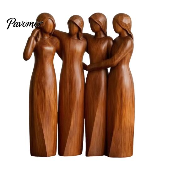 Handcrafted Wooden Statues Sisterhood Figurine, Friendship Sculpture for Living Room Home Decor Accents Bedroom Tabletop Ornament, Warm Gift