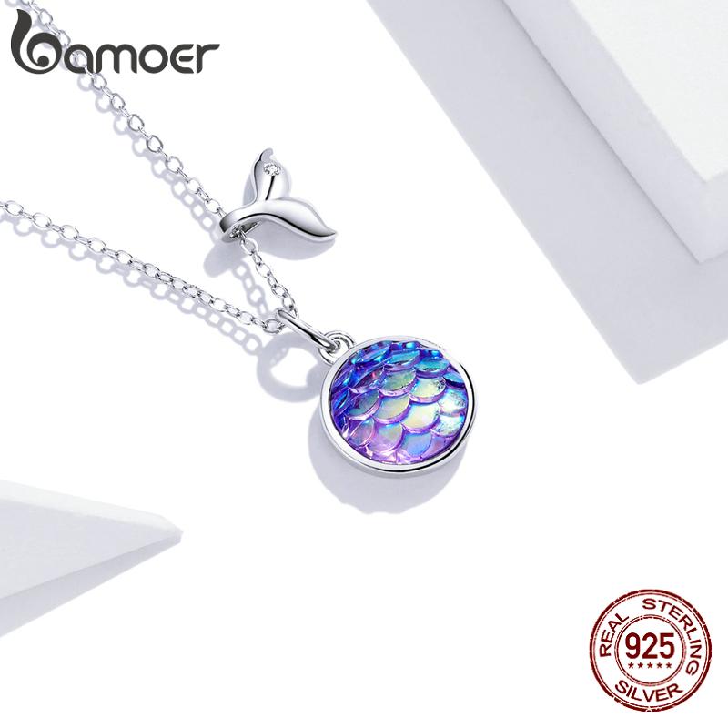 BAMOER 925 Sterling Silver Delicarte Fishtail Scale Pendant Necklaces for Women Adjustable 17.7 Inches Chain Necklaces
