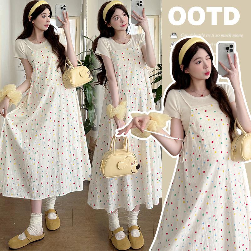 Colorful Polka Dot Maternity Sling Dress & Knit Top Two-Piece Set, 2026 Spring/Summer Collection L
