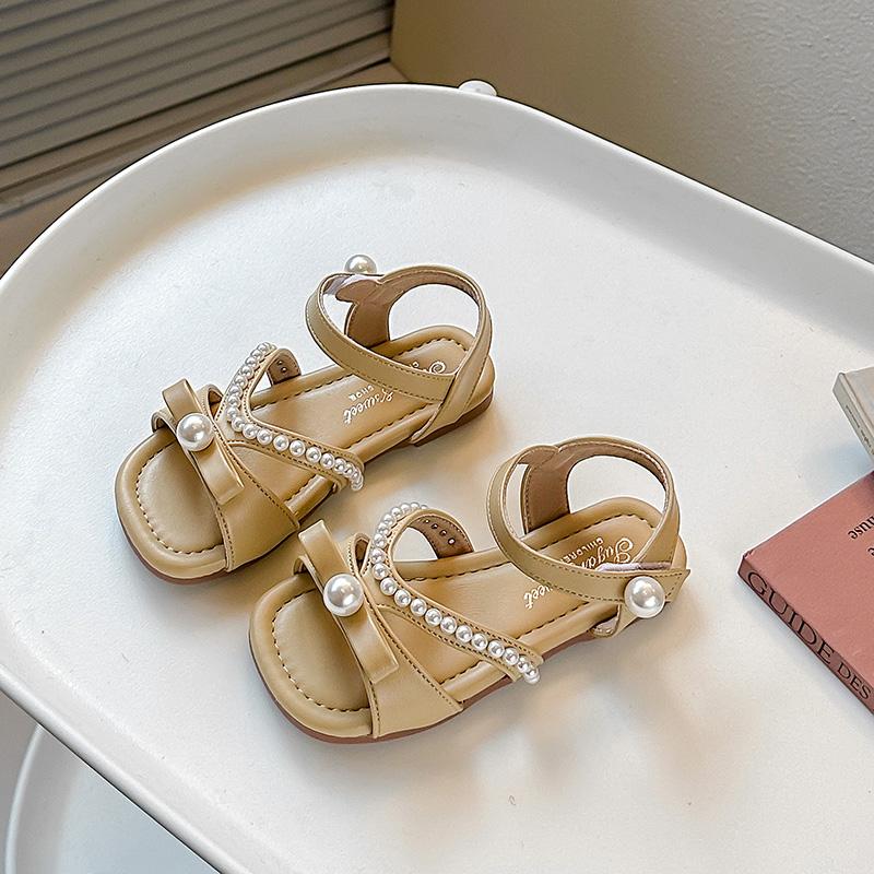 

Girls Sandals Candy Color Sweet Pearls Kids Beach Shoes Open Toes Soft 2025 New Children Princess Shoes Sweet Beads Ins Trendy 23 жёлтый