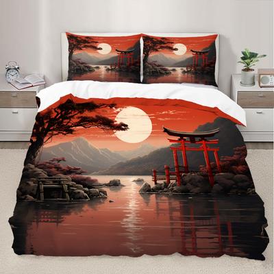 Japanese Landscape Duvet Cover Set for Teens Adults Queen Quilt Covers Lightweight Down 2 Pillowcases 1 Duvet Cover No Comforter