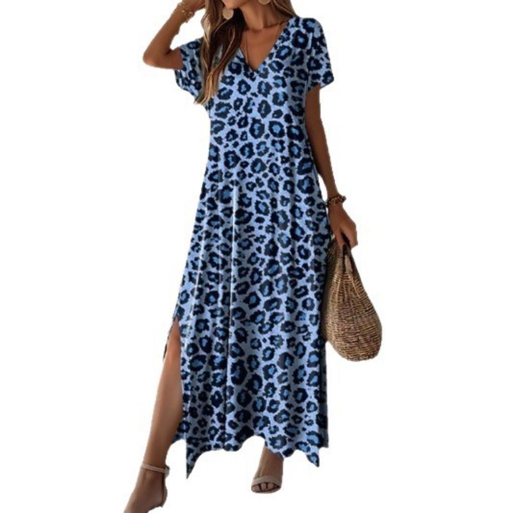 Summer Women's Crew Neck Short Sleeve Printed Maxi Dress, Casual Ladies Long Dress for Women European American Crossbody Apparel
