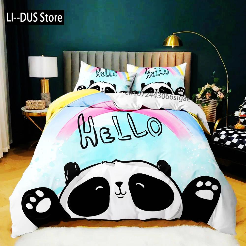 Panda Duvet Cover Cute Animal Bedding Set For Boys Girl Cartoon Giant Panda Polyester Comforter Cover Bear Printed Wildlife