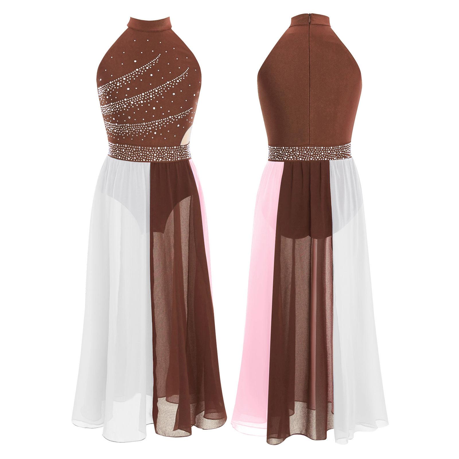 

Сукня для сучасного ліричного танцю для дівчаток без рукавів з коміром-стійкою, шифоновий костюм з блискітками, кольоровий блок, бічний розріз та потайна блискавка 5-6 Years коричневий