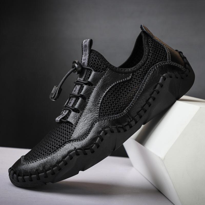 

Новые мужские туфли, летние, дышащие, сетчатые, повседневные туфли, кожаные, модные, Doudou, мужские, на мягкой подошве, для вождения 38 чёрный