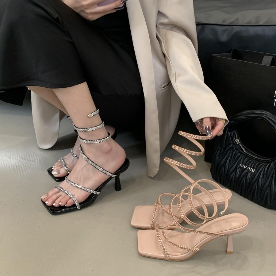 Cool Slippers with Open Toes Sexy Summer Fashion Rhinestone Square Head Wear High Heels Wind Word Fairy Sandals French