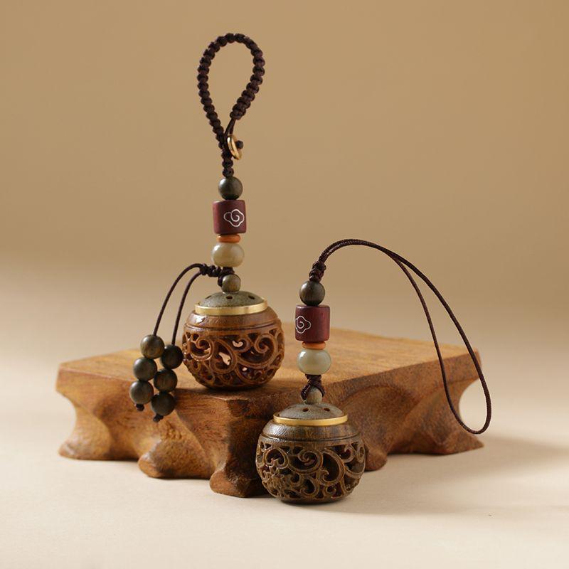 Green Sandalwood Hollow Mobile Phone Chain: Exquisite Aromatherapy Sachet Ball and Tibetan Incense Pendant Keychain in Ancient Style.