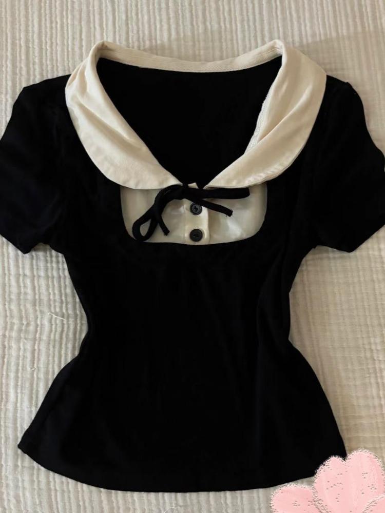 2025 Ropa Mujer Black Woman T Shirts Patchwork Plaid Short Sleeve Base Shirt Fashion Vintage Summer T-shirt Tops Female Clothing