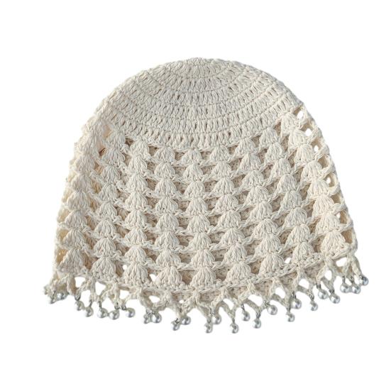 Knitting Hat Bohemian Style Hollow Design Women Hat with Faux Pearls Pendant Lightweight Elastic Hat Headwear