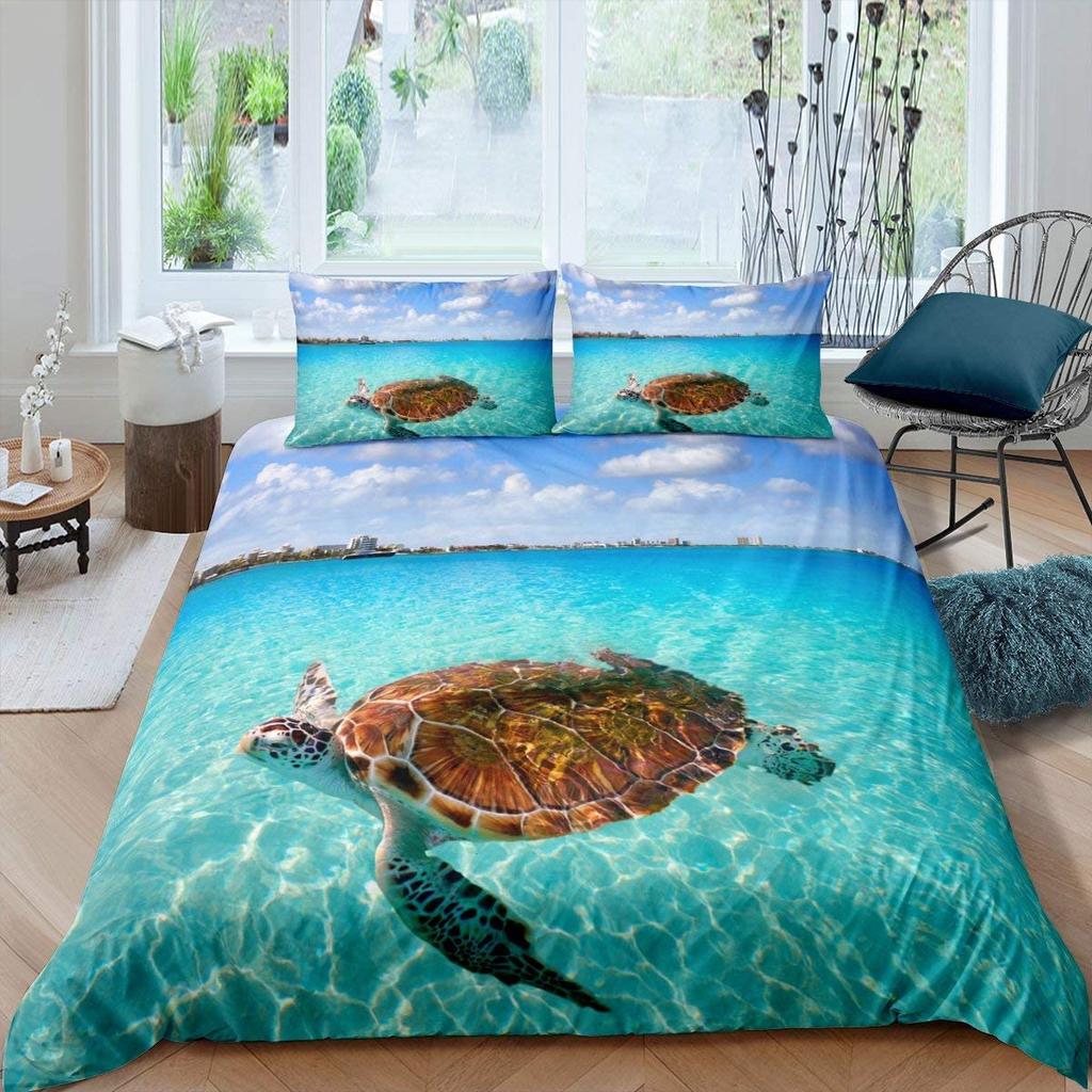 Ocean Beach Palm Tree Duvet Cover Set Sea Wave Polyester Quilt Cover Tropical Leaves Hawaiian Vacation Print For Kid Adult Teen