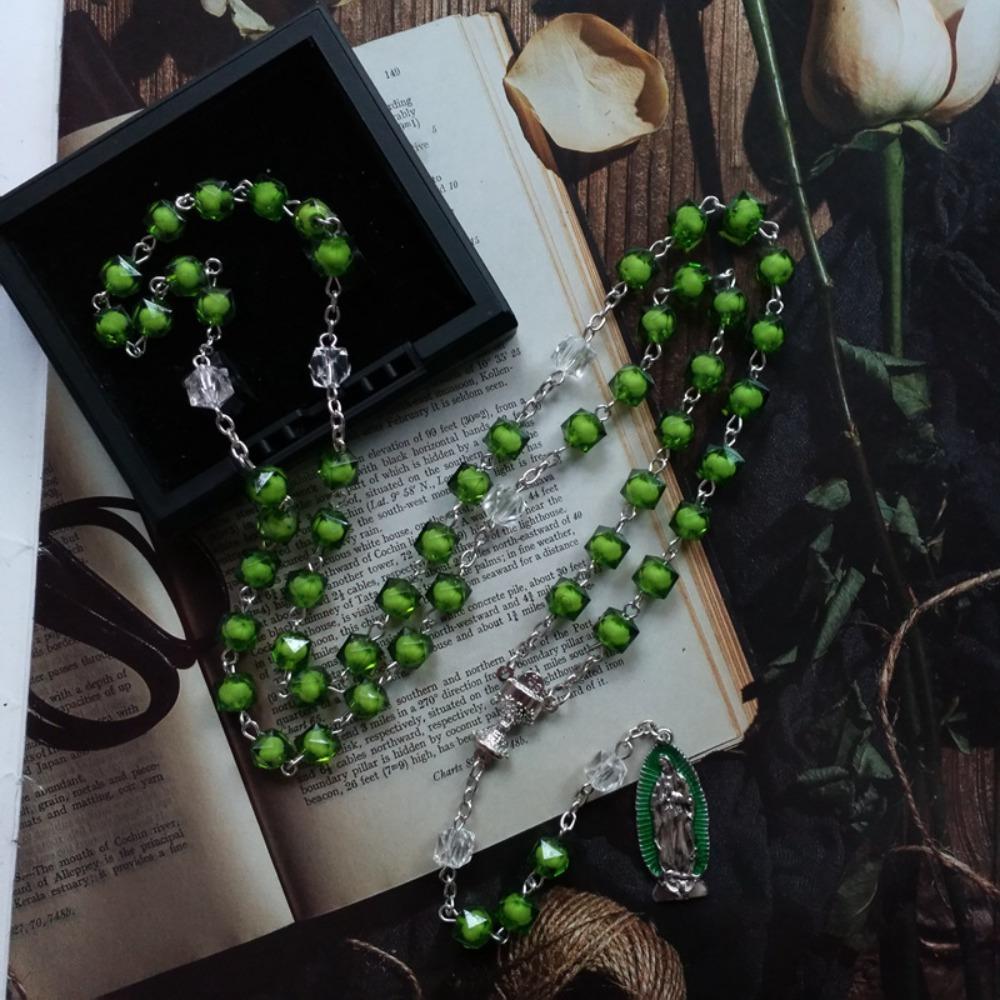 Green Stones Rosary Cross Necklace Christian VirginMary Center Accessories Sweater Chain Church Jewelry Accessories