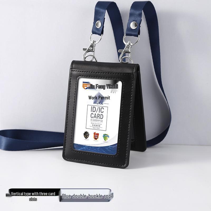 Foldable Genuine Leather ID Badge Holder with Lanyard, 70*100mm, Openable for Work ID or Permit