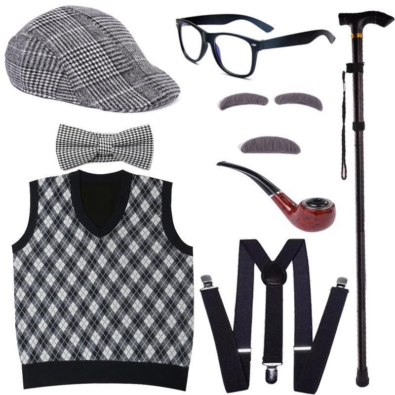 Halloween Costume Set For Kids Featuring Short Black Wig And Grandpa Beard Accessories