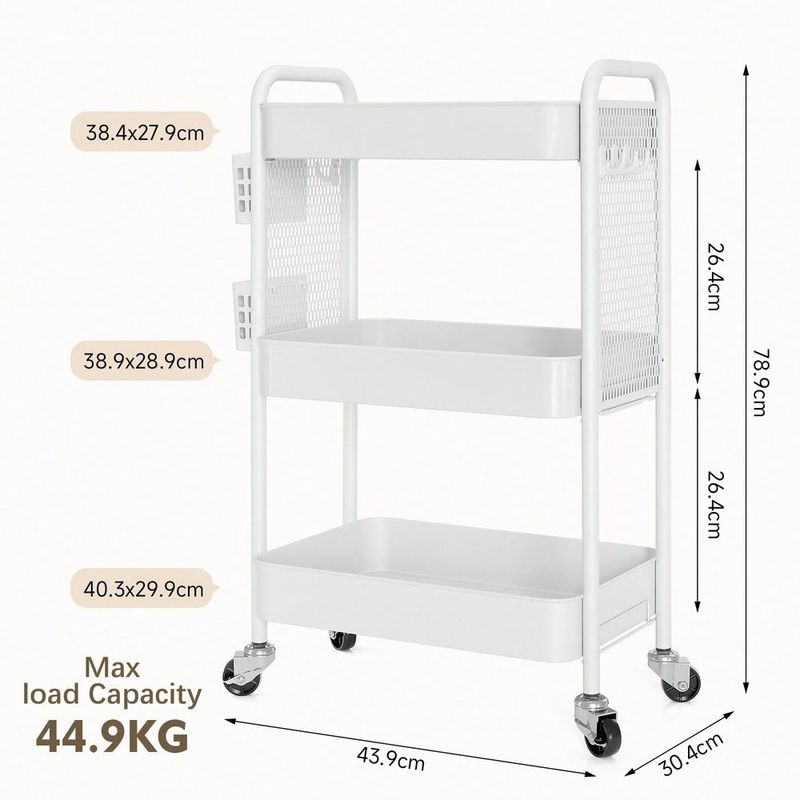 Rolling Carts With Wheels, 3 Tier Rolling Utility Cart, Metal Storage Organizer With Pegboard Hooks Bins For Bathroom Kitc