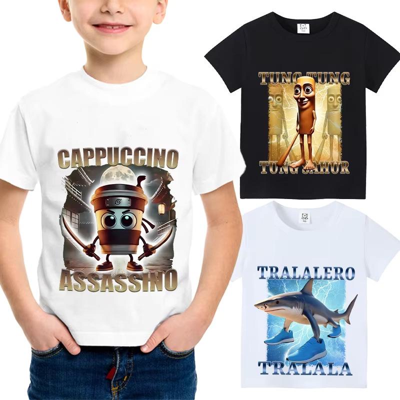 Italy Brain Rot Funny Animal Kids' Cotton T-Shirt - Cappuccino Assassin Short Sleeve
