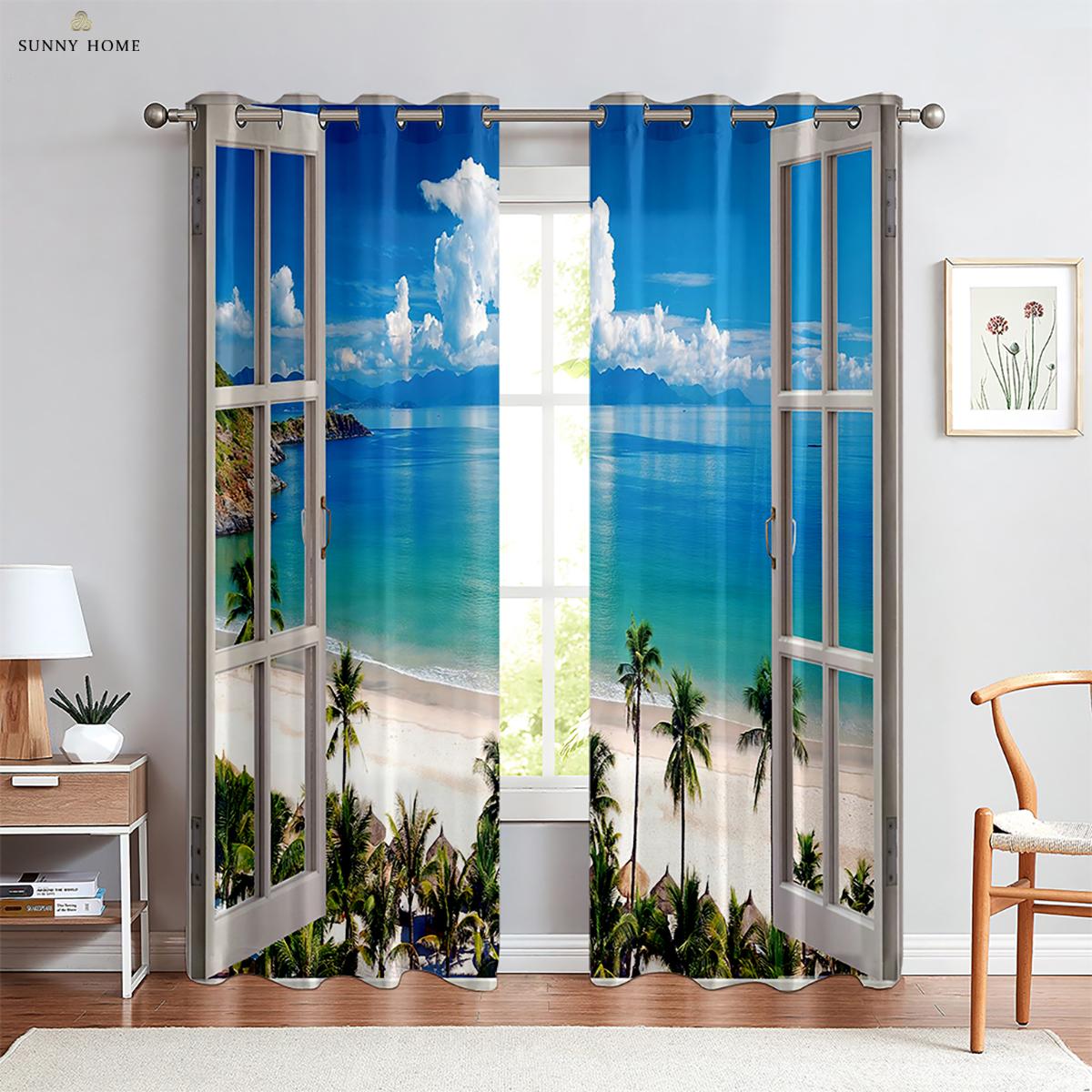 

Sea View Print Printcurtains Outside Theseaside Landscape Print Bedroom Space Living Space Balcony Areacurtains Can Be Customized W50xH140(CM)x2PCS&Grommet Top