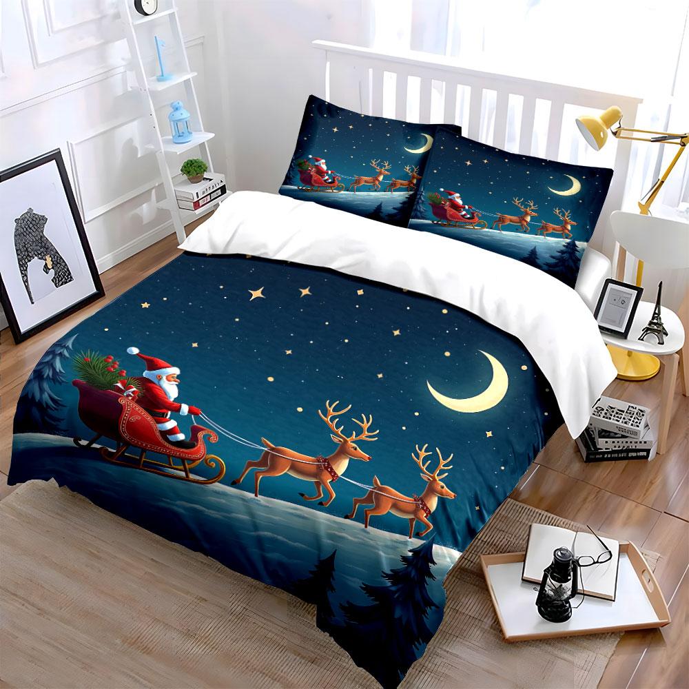 Santa Sleigh Ride with Reindeer Bedding Duvet Cover Set Duvet Cover Pillowcases (1*Duvet Cover 2*Pillowcases, without duvet insert)