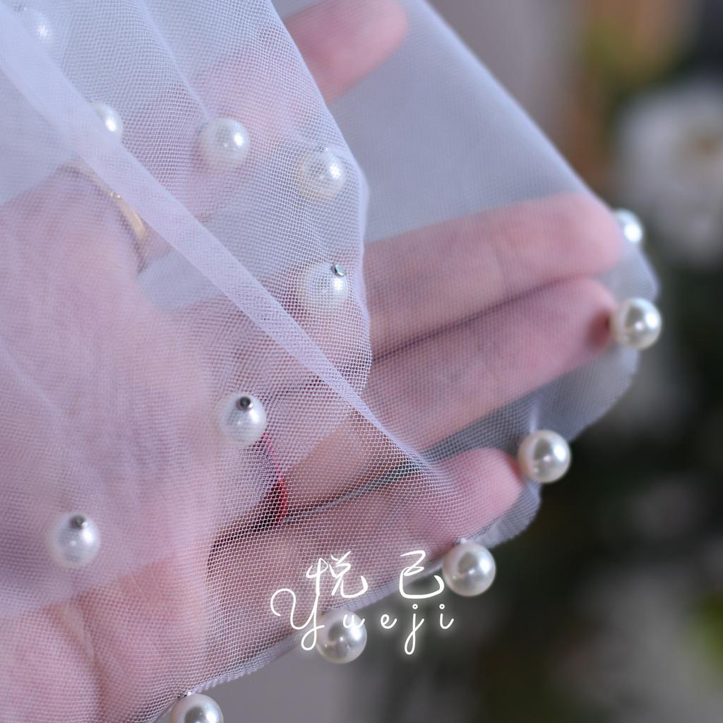 Detachable Glitter Tulle Puff Short Sleeve Cuffs, Mixed Size Pearl Beaded Sheer Arm Covers for Wedding Bridal Evening Dress
