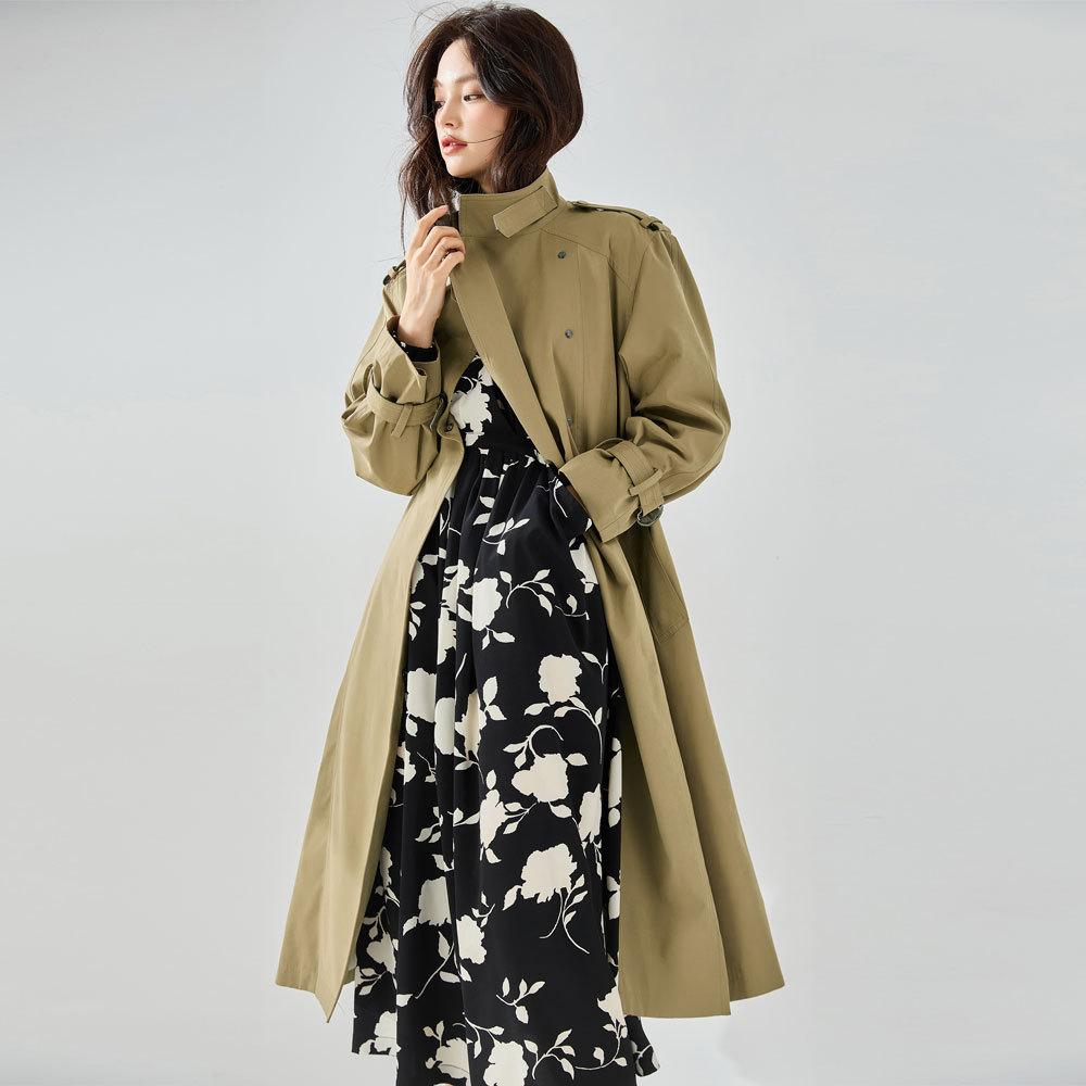 Qiuxin handsome stand-up collar, vertical and not easy to wrinkle fleece feeling, leather commuting casual medium and long trench coat 23066