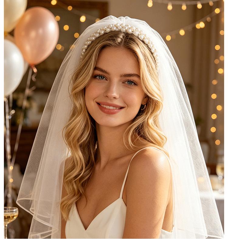 Triple-Row Pearl Headband & Double-Layer Veil Bridal Headdress