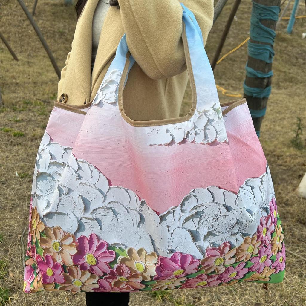 Faltbare quadratische Umhängetasche mit Ölgemälde-Print - Mehrfarbige Einkaufstasche